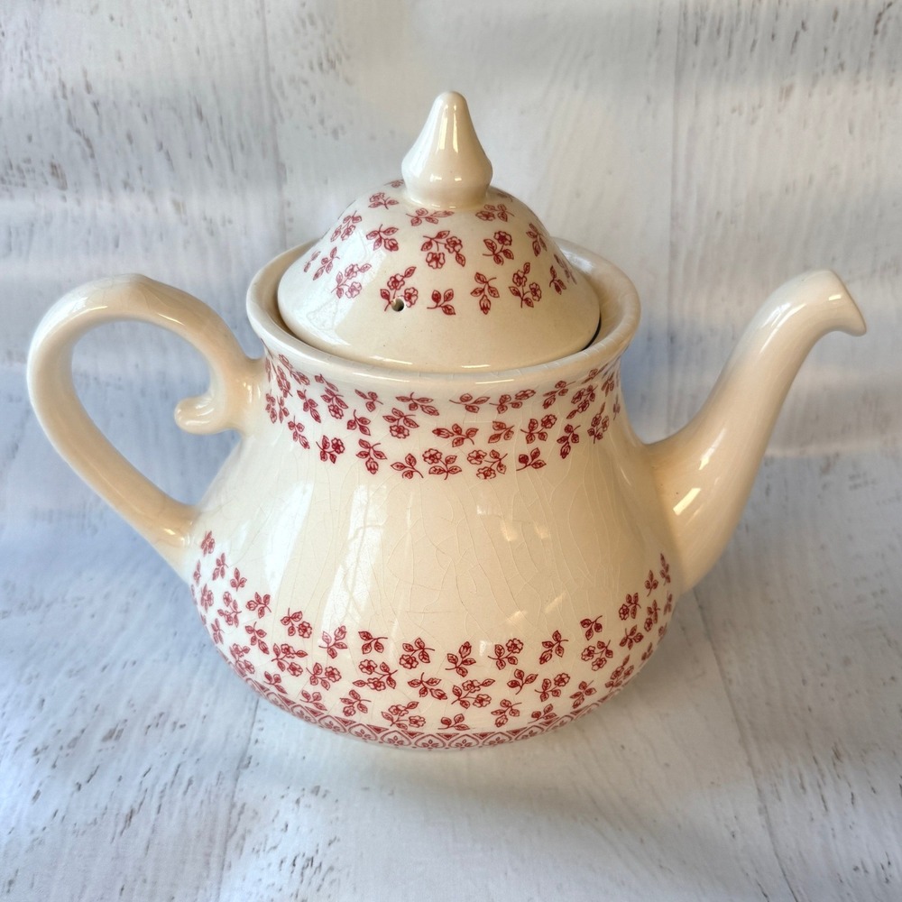 Vintage Crown Devon Staffordshire Ironstone Teapot Red Floral England Cottage